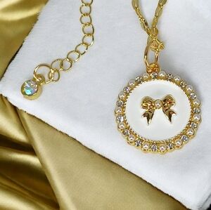 Gold Coin Medallion Necklace White Enamel Gold Bow Pendant Coquette New Preppy